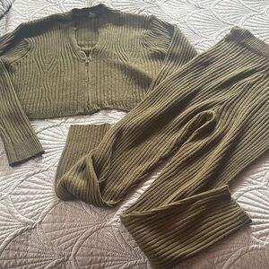 Olive Ribbed Knit Crop Cardigan & Pants Set
